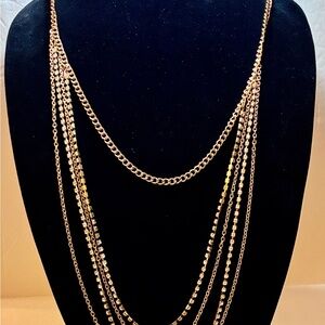 Gorgeous 5 Strand Gold Tone Necklace with 2 Rows of Rhinestones 42” Adjustable